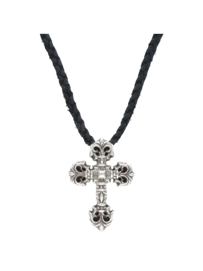 Chrome Hearts Filig Cross Xsm Lb Filigree Xs Wleather Braid Silver Necklace